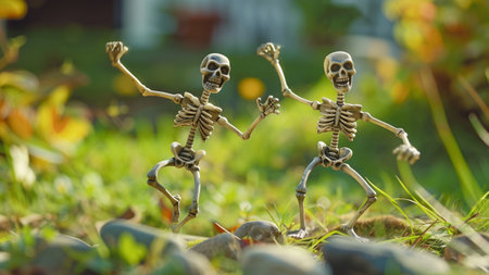 Two human skeletons in the grass. Halloween concept. Selective focus.の素材