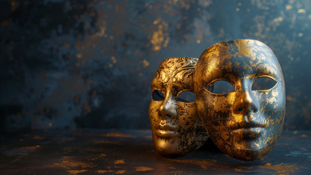 Masks with the theatre concept on grunge background. 3d illustrationの素材