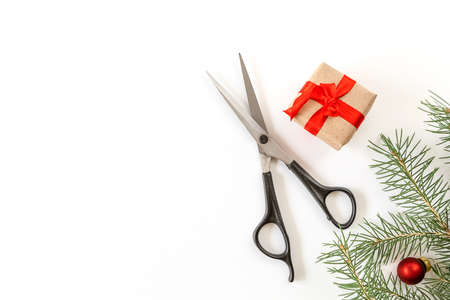 Christmas composition. Hairdressing scissors and a spruce branch on a white background. Template for a postcard or information about a hair salon. Flat lay, copy space.の写真素材