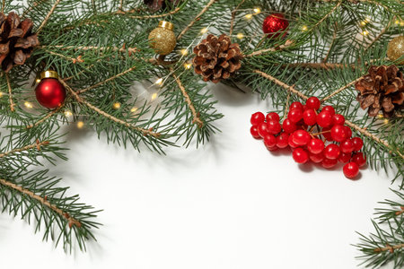 Christmas and new year holiday composition. Fir branches, cones and red viburnum berries on a white background. copy space.の写真素材