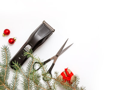 Christmas composition. Hairdressing scissors, clipper and spruce branch on a white background. Template for a postcard or information about a hair salon. Flat lay, copy space.の写真素材