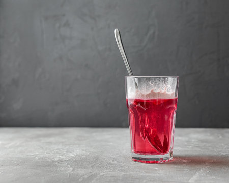 hydrolyzed collagen powder, pink color. Spoon and glass glass with water on a gray background. the...