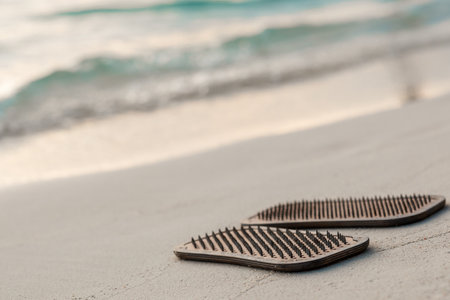sadhu boards stand on a sandy seashore, the concept of yoga practice, meditation. selective focusの写真素材