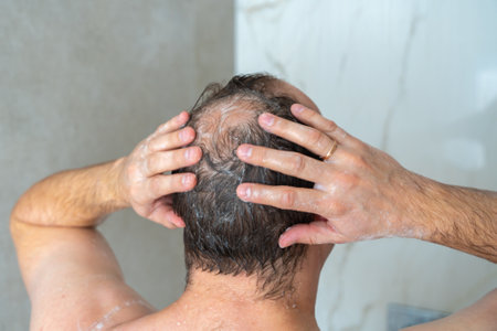 man soaps his head in the shower, head with a bald