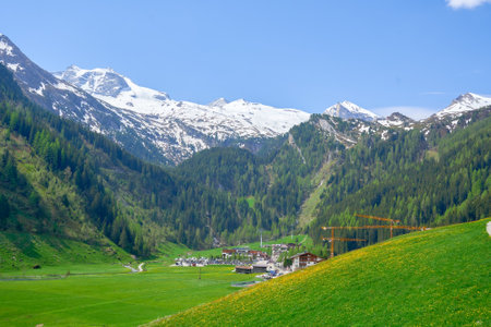 A green alpine valley with Austrian houses andの写真素材