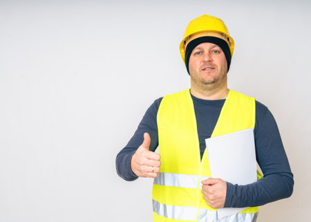 a man in a yellow work vest, overalls and a yellowの写真素材