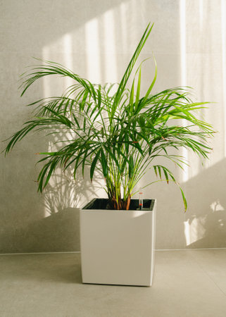 A Hamedorea Elegance stands in a room with beams