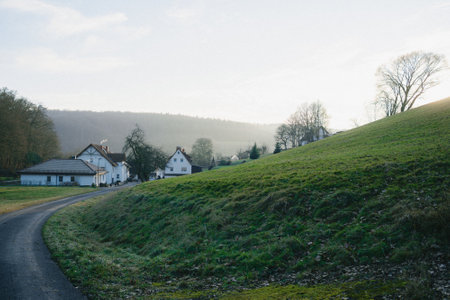a small village in europe in winter with theの写真素材