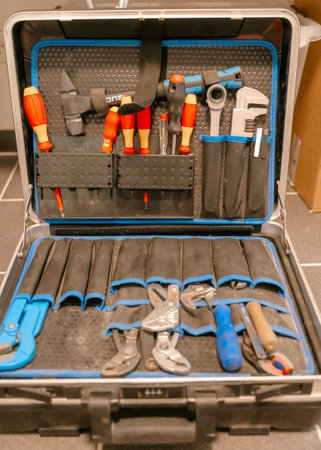 Organized Tool Kit with Assorted Tools Displayedの写真素材