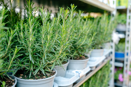 Potted Rosemary Plants Arranged on Shelves in aの写真素材