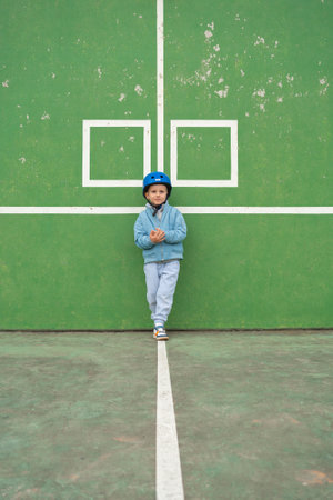 Cool kid posing on a playground, wearing a blueの写真素材