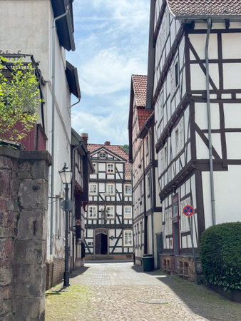 Charming Medieval Street with Half-Timbered Housesの写真素材