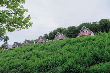 Scenic Hilltop View of Cozy Cottages Surrounded byの写真素材