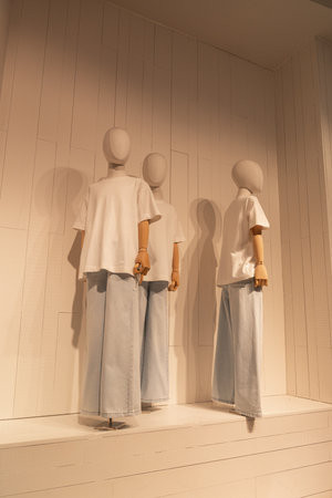 Clothing showcase with mannequins in store window