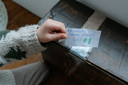 Child Taping Note on Boxの写真素材