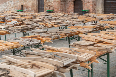 Wooden Tables with Stacked Chairs