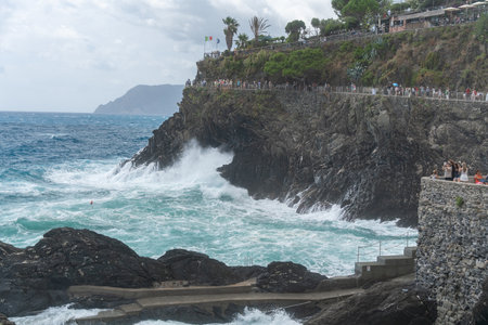 Rocky Coastline with Waves Italy, Manarolaの写真素材