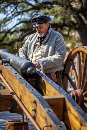 SAN ANTONIO, TEXAS - MARCH 2, 2018 - Man dressed as 19th century soldier participates in the reenactment of the Battle of the Alamo, which took place between February 23 and March 6, 1836のeditorial素材