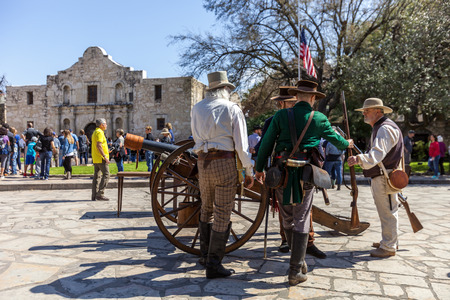 SAN ANTONIO, TEXAS - MARCH 2, 2018 - Men dressed as 19th century soldiers participate in the reenactment of the Battle of the Alamo, which took place between February 23 and March 6, 1836のeditorial素材