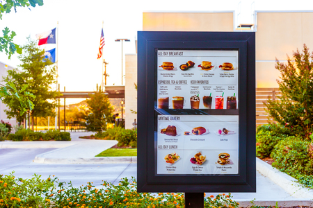 SAN ANTONIO, TEXAS - MAY 29, 2018 - Starbucks drive thru menu at one of the company's locations in San Antonio, Texas.