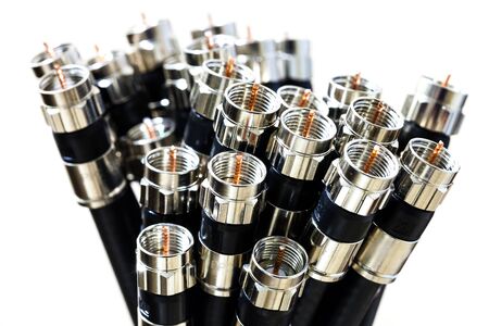 Closeup of coaxial cables used for TV. Electrical cable with an inner conductor and an outer shield,...