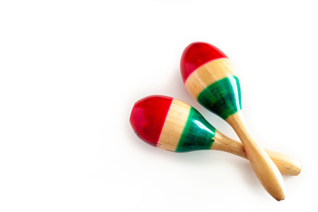 Two colorful maracas on white background. Cinco de mayo background.の写真素材