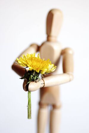 A manikin offering a flower as either a gift or apology.の写真素材