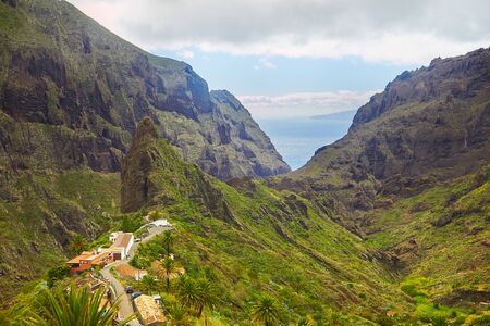 View of Masca village with palms and mountains, Tenerife, Canaryの写真素材