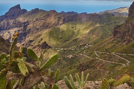 View of Masca village with palms and mountains, Tenerife, Canaryの写真素材