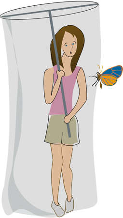 Girl afraid of bug holds net over herselfのイラスト素材