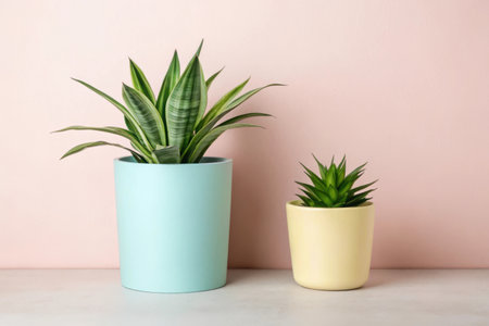 A snake plant in a light teal pot and a smaller succulent in a pale yellow pot sit on a white surface against a pink wall. The scene is minimalist and aesthetically pleasing.の素材