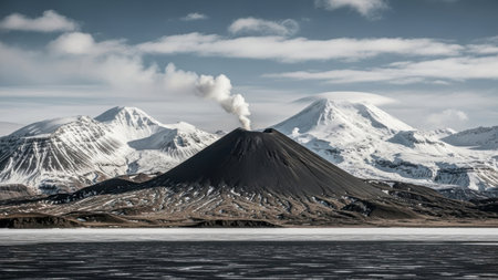 This image captures a dramatic scene of a volcano emitting smoke amidst a backdrop of snow-capped mountains. The volcano, with its dark, rugged slopes, stands out against the pristine white snow covering the surrounding mountains. The sky is filled with clouds, adding to the dramatic atmosphere. The contrast between the dark volcano and the bright snow creates a striking visual effect.の素材