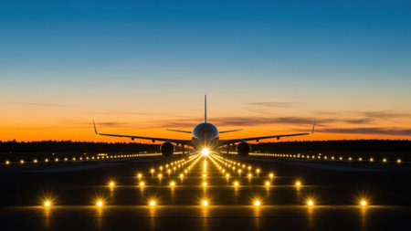 An airplane is captured in the moment of taking off during a beautiful sunset. The aircraft's lights are on, illuminating the runway as the sky transitions from day to night. The scene is serene and majestic, with the airplane's engines glowing and the landscape bathed in warm, golden light.の素材