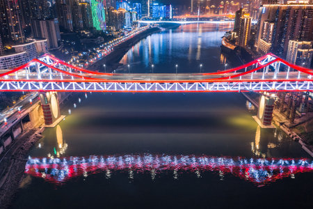 Night scenery of Jialing River Bridge in Zengjiayan, Chongqingの写真素材
