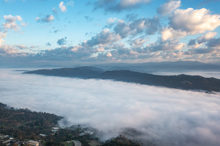 Natural scenery of sunrise and sea of clouds in Jingmai Mountain, Yunnanの写真素材