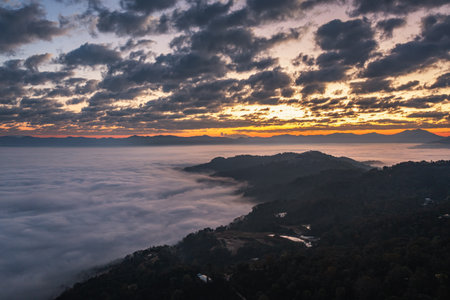 Natural scenery of sunrise and sea of clouds in Jingmai Mountain, Yunnanの写真素材