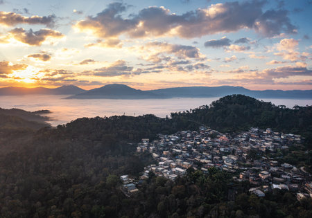 Natural scenery of sunrise and sea of clouds in Jingmai Mountain, Yunnanの写真素材