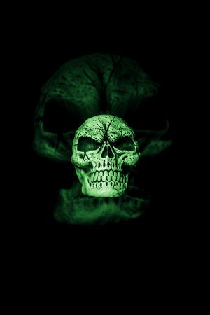 A skull is isolated on a black background with a larger skull ghost image behind it の写真素材