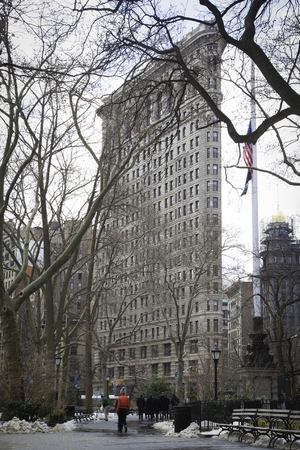 A view of Madison Square Park in New York City during the winter   You can see snow on the ground...