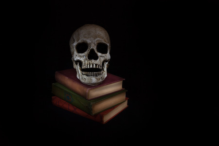 A vintage skull sits beside a stack of old novels; image created with a light painting techniqueの写真素材