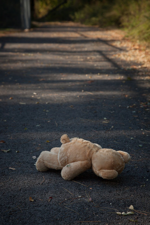 Abandoned teddy bear on pathの写真素材