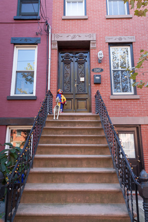 HOBOKEN, NEW JERSEY - October 27, 2017: The beautiful brownstones along Garden Street are decorated for Halloweenのeditorial素材
