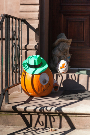 HOBOKEN, NEW JERSEY - October 27, 2017: The beautiful brownstones along Garden Street are decorated for Halloweenのeditorial素材
