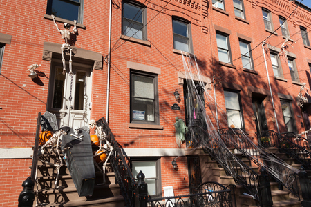 HOBOKEN, NEW JERSEY - October 27, 2017: The beautiful brownstones along Garden Street are decorated for Halloweenのeditorial素材