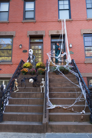 HOBOKEN, NEW JERSEY - October 27, 2017: The beautiful brownstones along Garden Street are decorated for Halloweenのeditorial素材