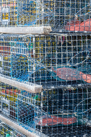 Many lobster pors are stacked on top of each other in Point Pleasant, New Jersey.