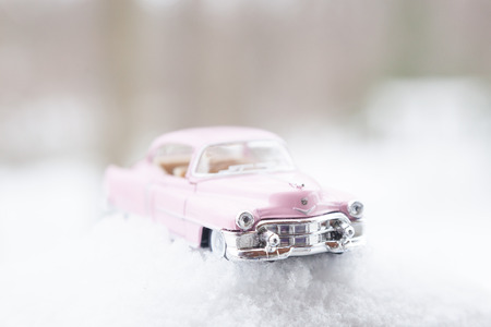 WOODBRIDGE, NEW JERSEY - March 14, 2017: A diecast toy Cadillac in the snowのeditorial素材