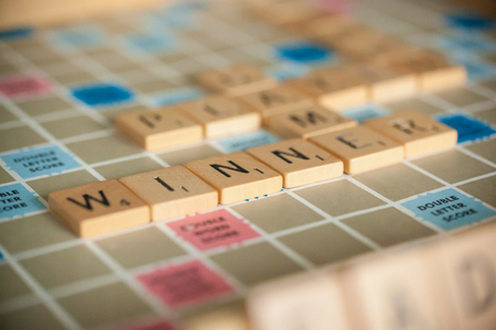WOODBRIDGE, NEW JERSEY - October 9, 2018: A vintage Scrabble board game is shown with letter tilesのeditorial素材