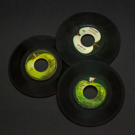 WOODBRIDGE, NEW JERSEY - October 11, 2018: A collection of 1960s Beatles 45 speed records including...