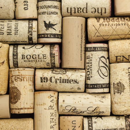 WOODBRIDGE, NEW JERSEY - October 13, 2018: A collection of wine corks from various vineyards is showneのeditorial素材